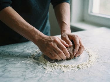 Hands kneading dark rye dough on a flour-dusted marble counter, soft morning window daylight, moody shadows, 35mm photography