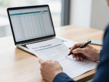 A close-up of professional hands reviewing Australian tax documents on a clean wooden desk, a laptop screen showing a neat spreadsheet in the background, soft natural window light, deep blue accents, shallow depth of field, 35mm