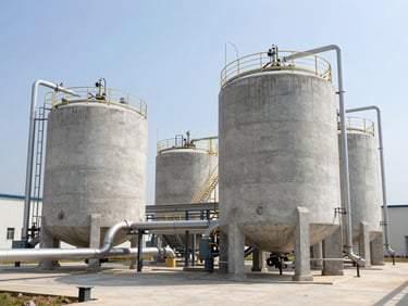 A wide architectural daylight shot of a modern concrete and steel municipal wastewater filtration facility, showing large industrial processing tanks and clean piping systems under bright clinical daylight, highly detailed engineering layout.