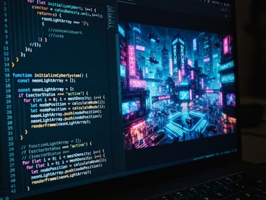 A dark-mode code editor interface showing structured script text on the left and a rendered storyboard frame of a cyber city on the right, glowing neon blue lights, macro depth of field