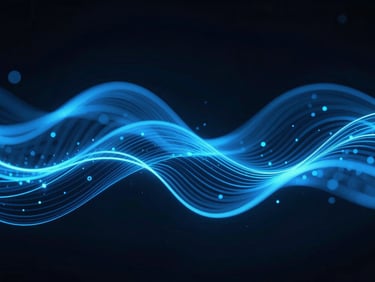 Abstract digital motion graphics with flowing electric blue lines and cyber waves, high contrast dark background.