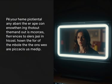 Split-screen interface mockup showing a text prompt on the left and a rendered cinematic video frame on the right, dark mode UI, glowing screen light.