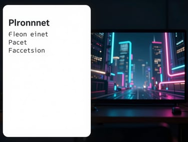 Split-screen interface mockup of an AI video generator, text prompt input box on the left with monospace font, rendered cinematic video frame of a futuristic neon city on the right, dark studio ambient light.