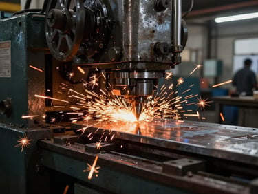 A heavy industrial metal stamping press in a Madurai factory, bright orange-copper sparks flying as steel plates are forged, high-contrast dark atmosphere.
