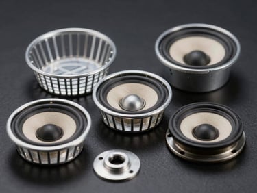 Macro of die-cast aluminum baskets and press-fit paper speaker cones on a dark background.