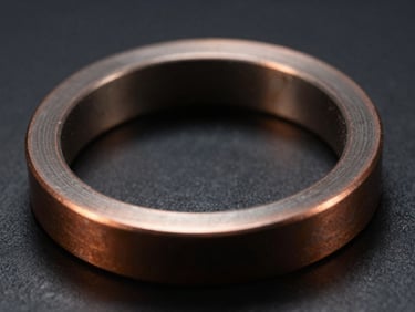 Macro of heavy-duty ferrite magnet rings with copper highlights under low-key lighting.