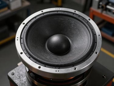 Cross-section of a heavy-duty loudspeaker driver showing the massive ferrite magnet and die-cast aluminum frame, high-contrast technical lighting, dark workshop environment.