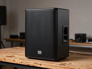 Compact Rehan utility loudspeaker sitting on a wooden workbench, showing its rugged multi-angle enclosure designed for stage monitoring