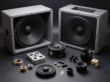 Flat-pack commercial speaker enclosure parts and DIY assembly components organized on a dark surface.