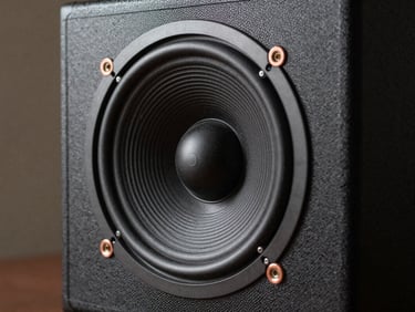 Close-up of the Rehana loudspeaker cabinet, highlighting the precision-cut steel grille and the copper-accented mounting hardware