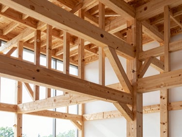 Sharp architectural photo of exposed heavy timber structural framing, bright natural daylight, high contrast, 35mm