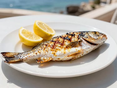 Close-up of fresh grilled sea bass with lemon on a white plate, bright Mediterranean sunlight, outdoor seaside dining table