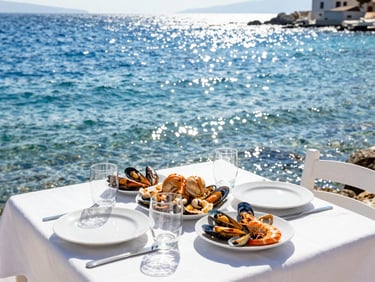 Bright Mediterranean photography, a high-contrast shot of a sun-drenched coastal dining table with fresh seafood, sparkling blue water of the lagoon in the background, 35mm lens.