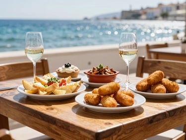 A wooden table filled with Spanish tapas, patatas bravas, croquetas, and white wine, bright sunlit coastal tavern