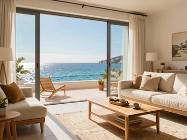 Cozy coastal apartment living room, bright coastal sunlight, minimalist wooden furniture, view of the sea