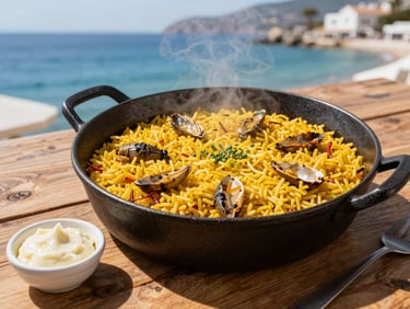 A steaming black iron pot filled with rich yellow caldero rice, garlic alioli on the side, rustic wooden table, bright coastal light