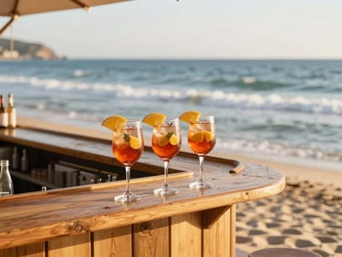 Vibrant outdoor beach bar at golden hour, glasses of sangria on a wooden bar counter, soft waves of the lagoon in the background