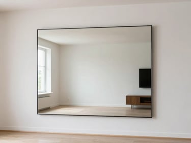 Straight-on architectural photography of a bright modern living room with a large custom-cut wall mirror reflecting a clean minimalist interior, natural daylight, neutral tones