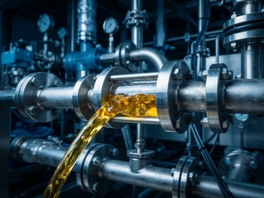 Macro shot of golden refined lipid fluid flowing through stainless steel industrial pipes, cool petroleum blue background, high contrast lighting