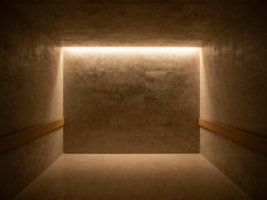 Clean minimalist hospital corridor with soft indirect amber light glowing from hidden ceiling coves, casting no harsh shadows.