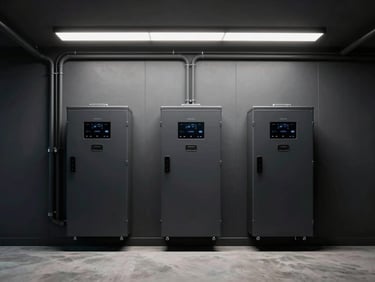 Symmetrical, straight-on architectural shot of a minimalist luxury garage interior with three premium battery storage units mounted on a matte charcoal wall, perfectly parallel conduit runs concealed behind the panels, dramatic low-key lighting.