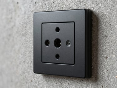 Extreme close-up of a premium matte-black switchplate mounted on a raw concrete wall, showing clean-run conduit entering with zero-tolerance precision, sharp dramatic highlights.