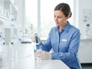 A professional technician in a clean blue uniform using a digital TDS meter to test a glass of water, bright high-key commercial photography, sharp focus