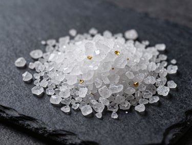 Macro shot of pure white sea salt crystals on a dark textured slate plate, soft side lighting highlighting the geometric facets of the salt.