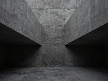 Symmetrical architectural concrete structure with sharp geometric shadows and clean lines, minimalist, low-key dramatic lighting, slate gray tones, sharp focus, 35mm