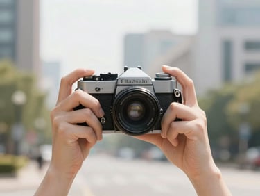 Close-up of Sebastian holding a vintage film camera, blurred urban background, bright natural daylight, shallow depth of field