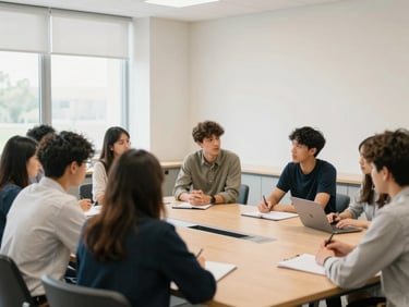 Sebastian leading a small group discussion in a modern campus meeting room, bright daylight, academic setting, medium-wide shot