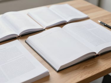 Clean flat-lay of academic books, research papers, and a pen on a wooden desk, soft indoor illumination, shallow depth of field