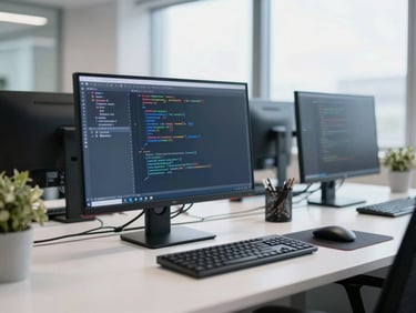A medium-close environmental shot of a modern software development workspace with code visible on screens, bright natural window light, cool corporate tones.