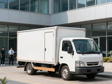 A spotless modern moving truck parked outside a clean, glass-fronted office building in bright morning light, professional crew members in uniform visible.