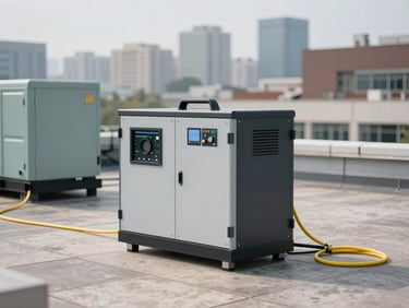Wide environmental shot of a portable load bank unit sitting on a rooftop plant room, connected via yellow power cables to a generator housing, overcast daylight, city rooftop skyline blurred in background