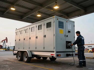 Low-angle wide shot of a trailer-mounted load bank being towed into position on an open industrial yard, a certified technician guiding the hitch under yellow overhead site lights, oil field infrastructure visible in the far background