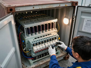 Overhead wide shot of a containerized load bank unit with its side panel open, internal resistor banks and control wiring visible, a technician's gloved hands adjusting a breaker in the foreground, harsh work-light illumination inside the container