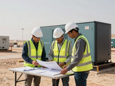 Wide environmental shot on a UAE construction or commissioning site — two engineers in hi-vis vests and hard hats reviewing technical documentation spread across a portable table, a large generator set visible behind them under natural daylight. Framing is mid-distance, showing both figures and the equipment in context. Overhead site lighting supplements the ambient desert light. No smiling poses, no studio environment.