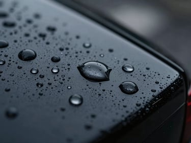 Macro shot of water-beading on a freshly applied ceramic coating, perfect spherical droplets resting on a deep black glossy surface.