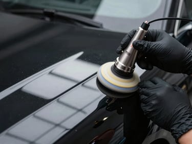 Macro close-up of a technician wearing black nitrile gloves using a dual-action polisher on a deep obsidian black car panel, sharp LED inspection grid reflecting on the flawless surface.