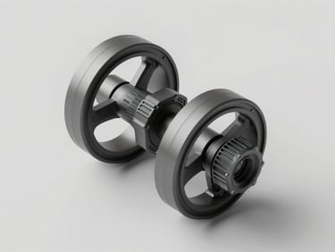 45-degree render of a complex hard-surface model shown in full — multiple interlocking parts, soft studio lighting, isolated on clean light gray, sharp geometry reads across the full frame