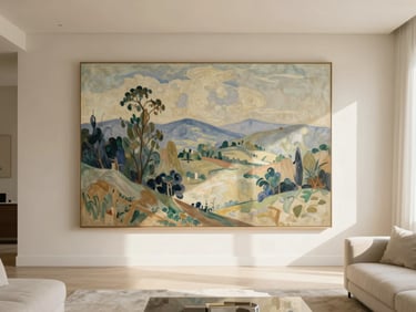 A large-scale Paul Cezanne landscape canvas reproduction hanging in a sun-drenched, minimalist luxury living room, soft afternoon sunlight, alabaster and champagne tones, medium format film.