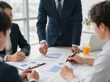 Business owners collaborating around a table, reviewing financial reports and strategic plans, modern office setting, bright natural light.