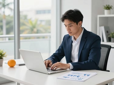 Young professional at a clean desk, focused on a laptop with business diagrams, natural Florida daylight, modern and energetic.