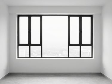 Straight-on architectural shot of a minimalist Kuala Lumpur living room, pristine white surfaces, high-key natural daylight, sharp black metal window frames, crisp black and white tones.