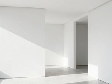 Minimalist clean apartment interior, bright high-key natural daylight, sharp architectural focus, 35mm lens