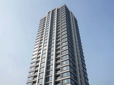 Sleek modern high-rise residential tower in Gurgaon under bright natural daylight, clean architectural lines, 35mm