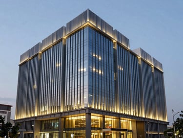 Contemporary commercial office building facade in Gurgaon business district, twilight architectural lighting, 35mm