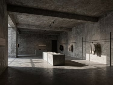 Interior wide-angle shot of a high-end retail gallery, exposed concrete walls and ceiling, minimalist display plinths, dramatic shadows from skylights, desaturated charcoal tones.