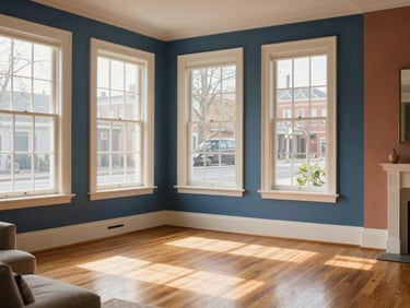 Bright, natural light streaming through large windows of a clean Trenton row house living room, original hardwood floors, warm minimalist styling, 35mm
